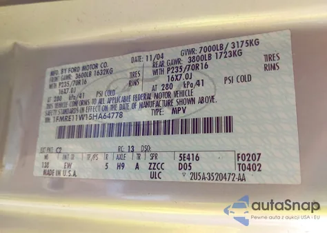 2005 Ford E-150 Chateau/Xl/Xlt z USA, uszkodzony, nr VIN 1FMRE11W15HA64778